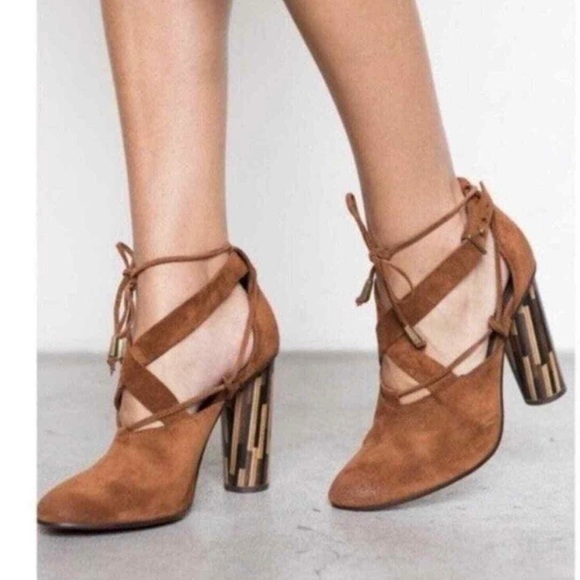 Free People Nouvella Wrap Brown Heels Suede Leather Wooden Heel,size 6.5 - Picture 3 of 13